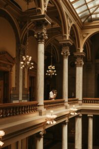 Romantic engagement photos inside the historic Indiana Statehouse.