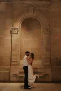 Romantic engagement photos inside the historic Indiana Statehouse.