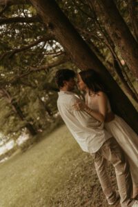 Romantic engagement photos in the gardens at West Baden Springs.