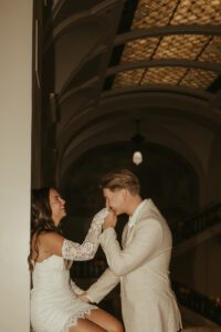 Couple inside the Louisville Free Public Library during an engagement session.