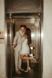 Couple inside the Louisville Free Public Library during an engagement session.